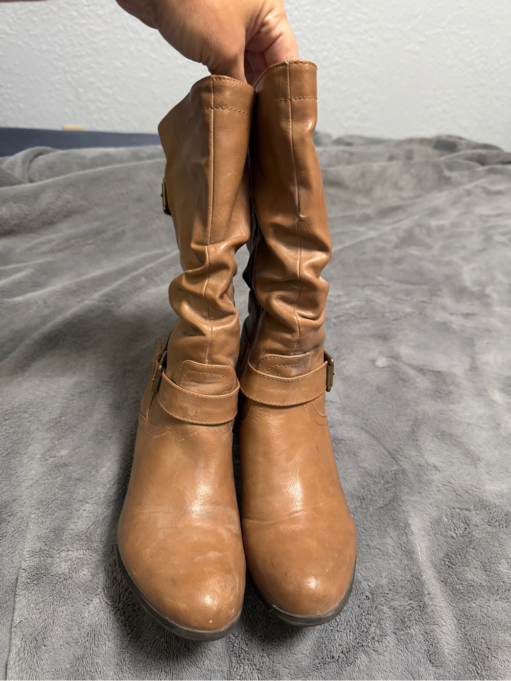 Women's Tan Mid-Calf Buckle Boots - Classic Casual Style